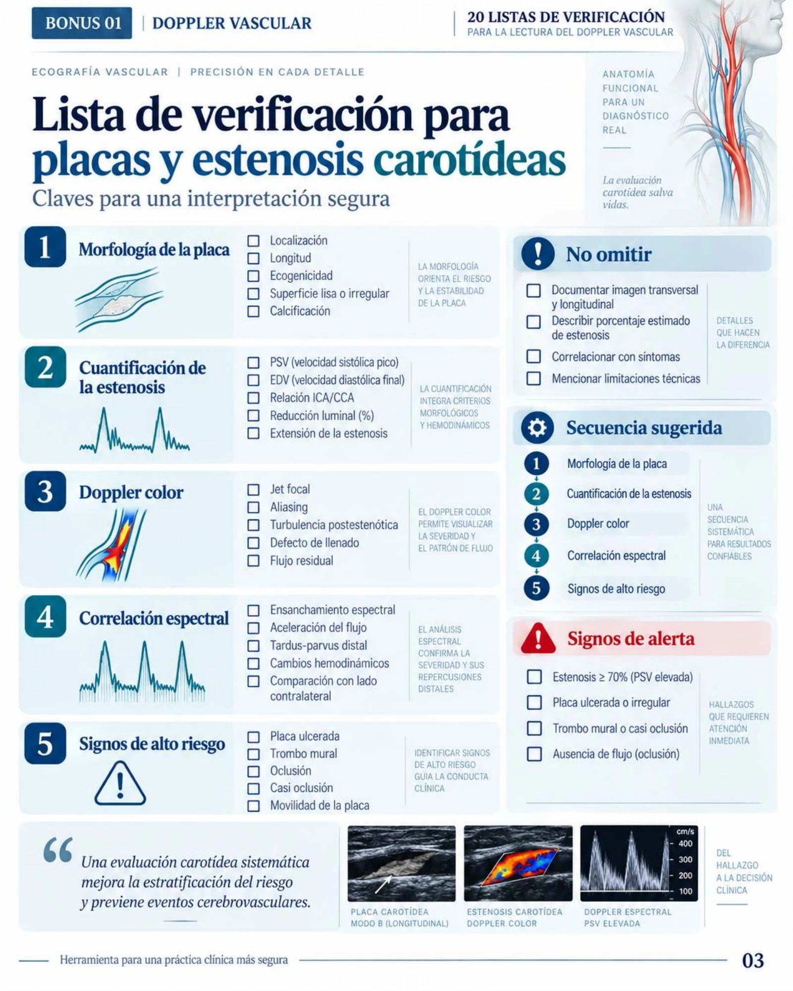 Página 3: Lista de verificación: carótidas. Muestra del material digital de Doppler vascular.
